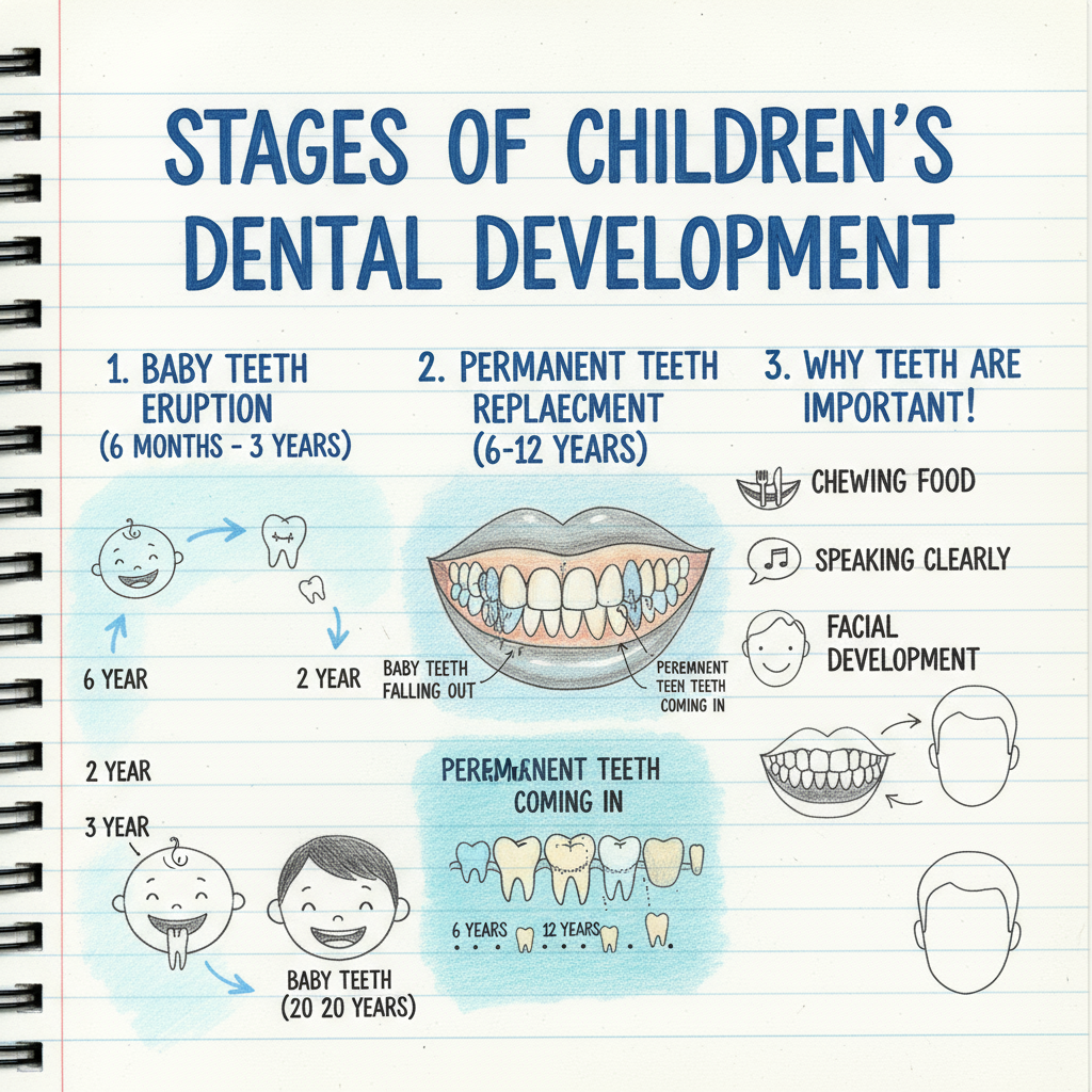 Timeline showing stages of children's dental development from baby teeth to permanent teeth