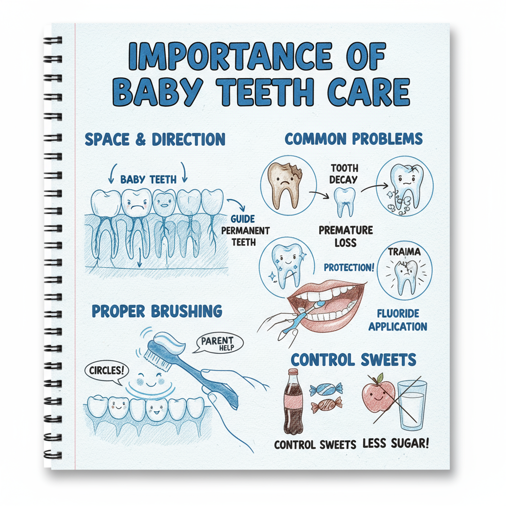 Illustration of proper baby teeth care including brushing techniques and fluoride application