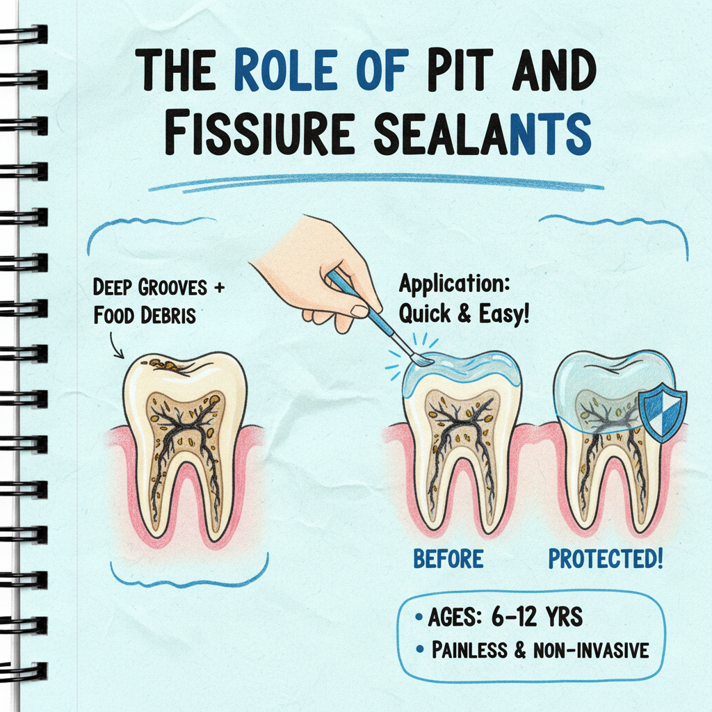 Diagram showing pit and fissure sealant application process on children's molars