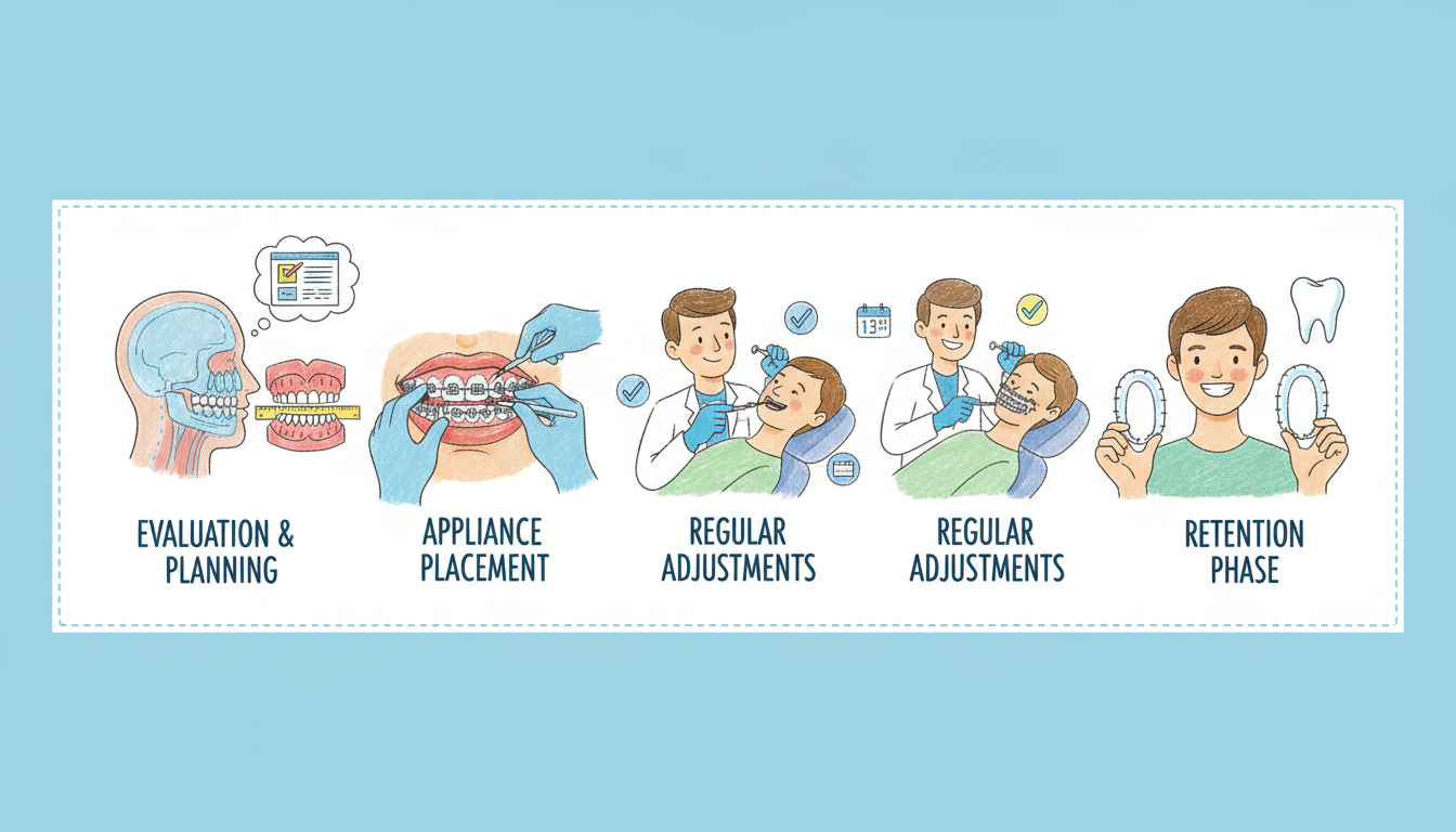 Stages of orthodontic treatment from evaluation to retention