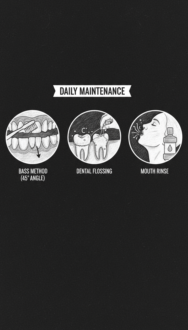 Illustration showing bleeding gums and proper brushing technique at 45-degree angle