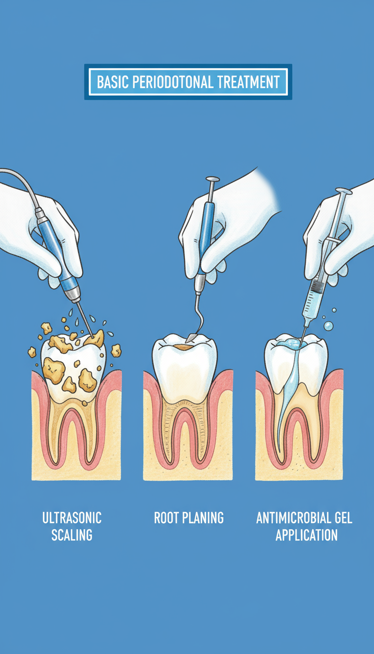 Professional periodontal treatment procedures including scaling and root planing