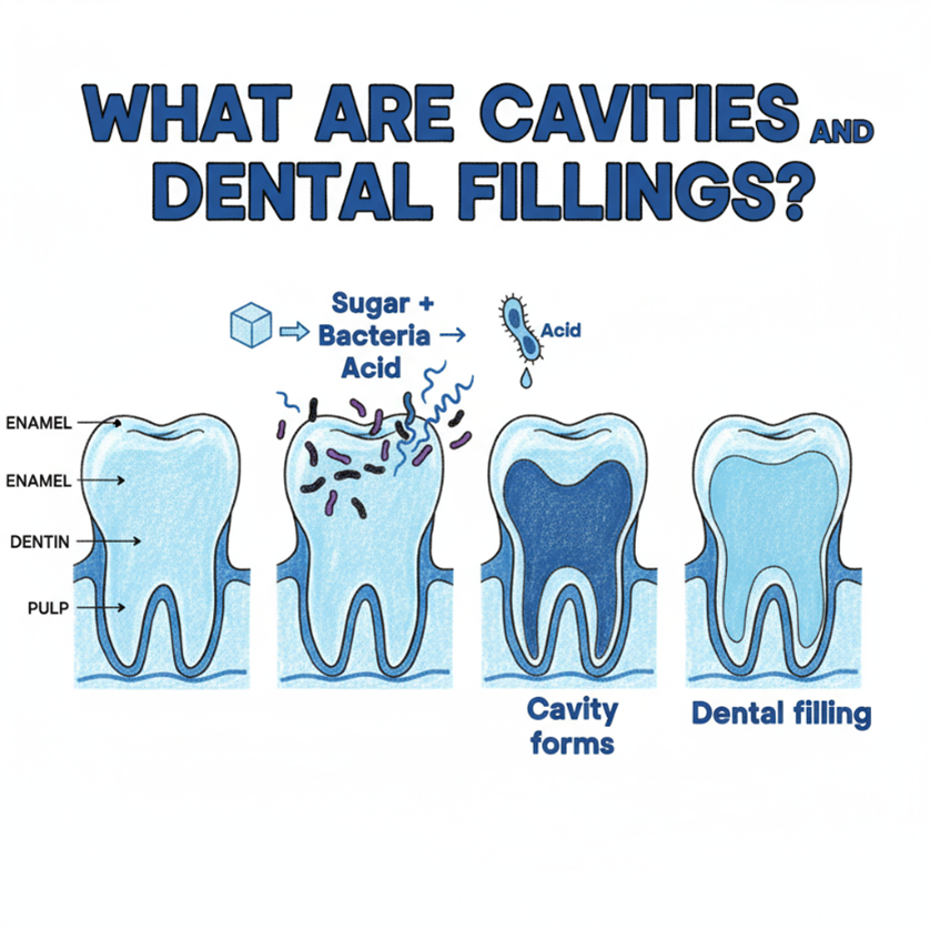 Illustration showing the cavity formation process and filling procedure
