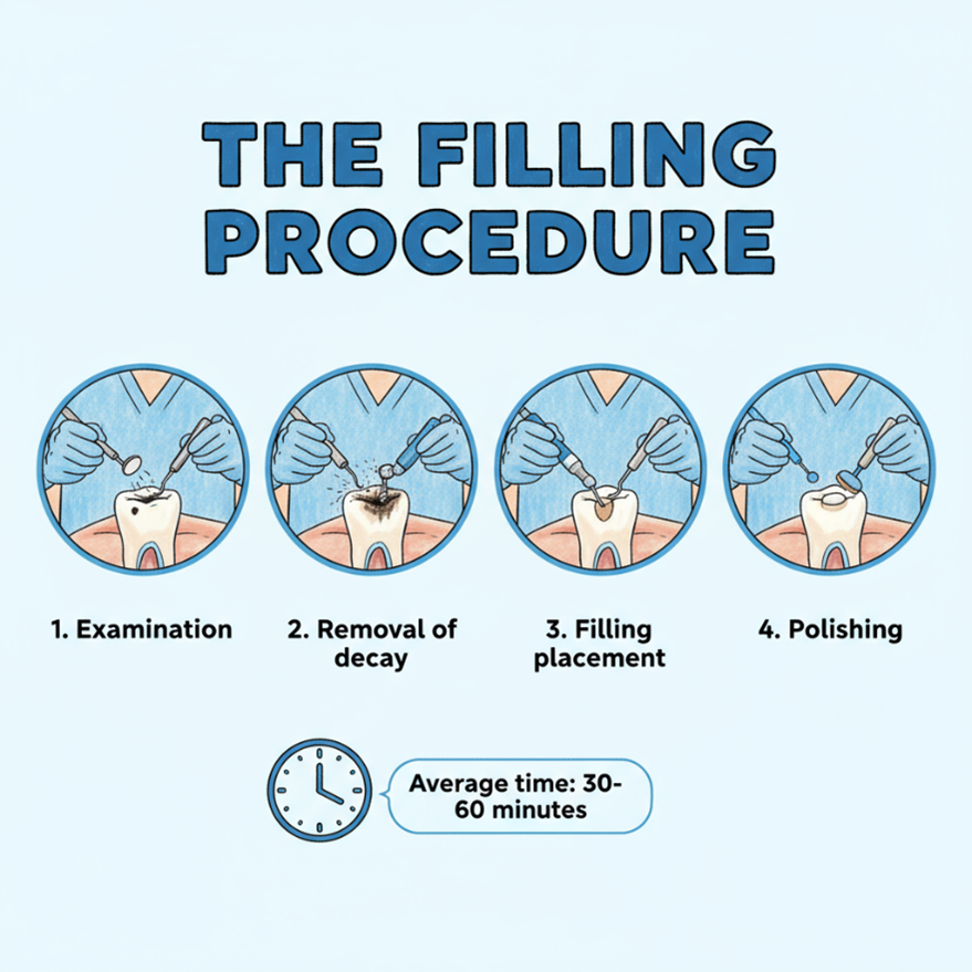 Step-by-step dental filling procedure illustration