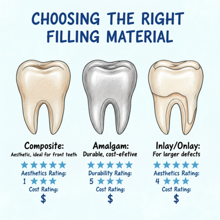 Comparison of different dental filling materials showing aesthetic and functional differences
